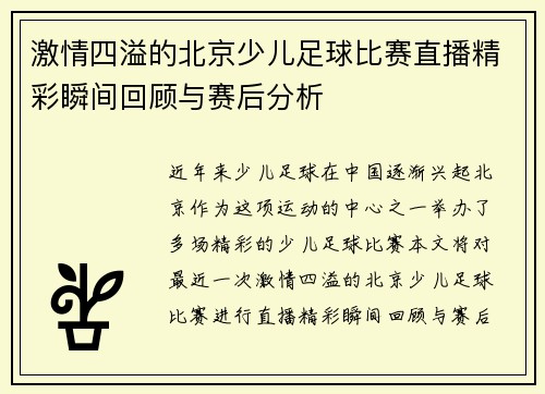 激情四溢的北京少儿足球比赛直播精彩瞬间回顾与赛后分析
